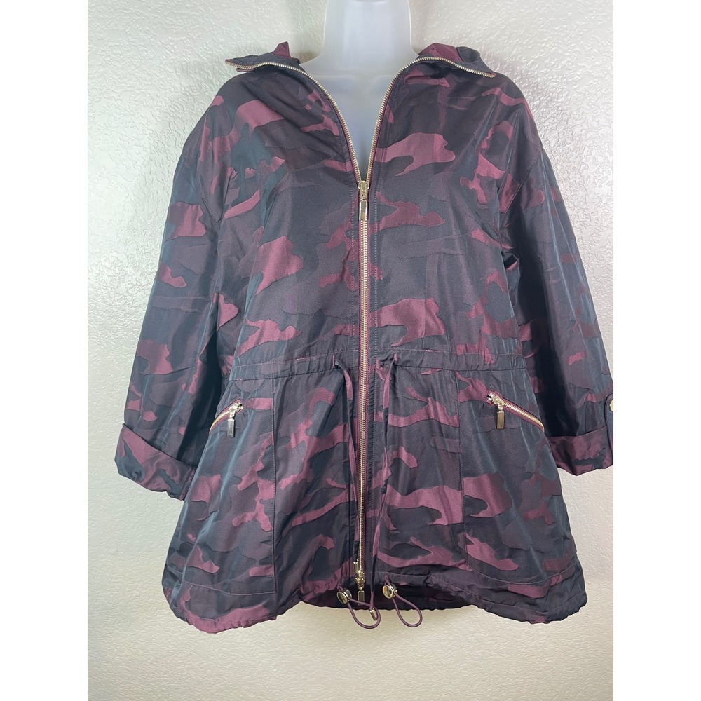 Chicos 2 US 12/14 Zenergy Windbreaker Jacket Burgundy Camo Hooded Zip Front